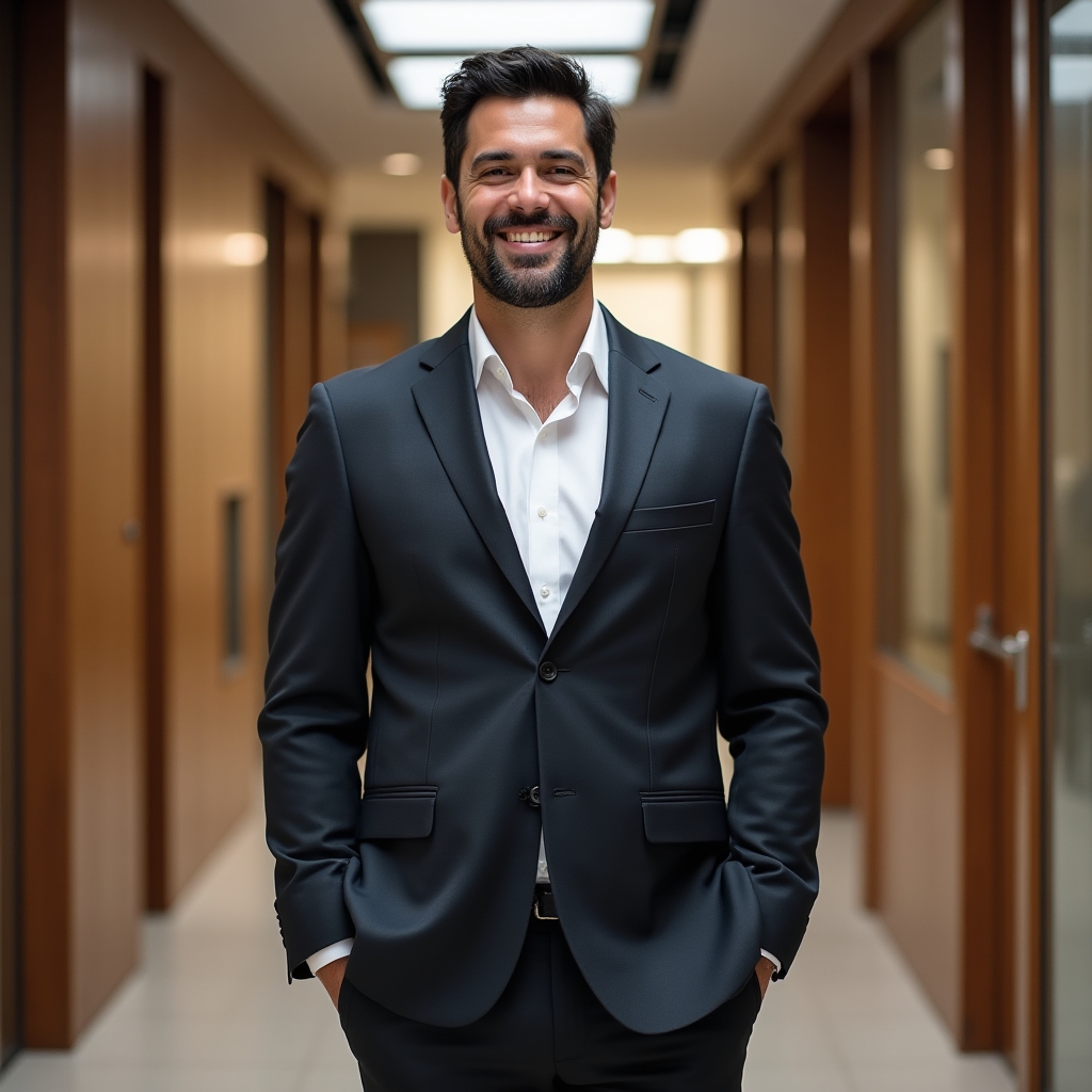 Vispante sports career specialist standing in modern office environment with confident posture